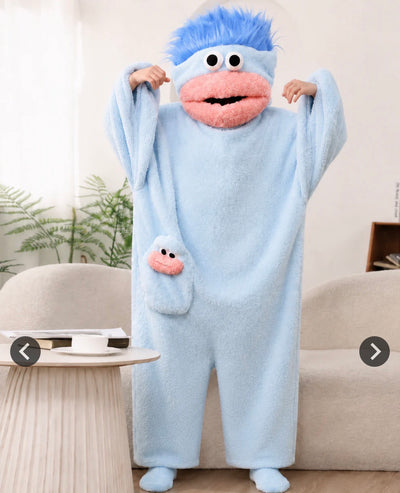 Purple monster onesie with pink mouth and purple hair